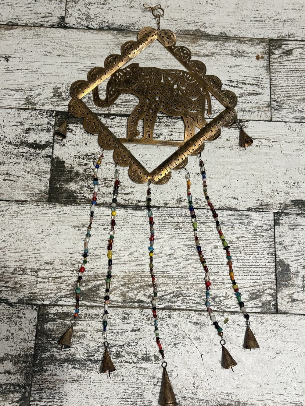 Boho Metal Elephants Wind Chime Beads Chain Hanging Patina Cascading 29”